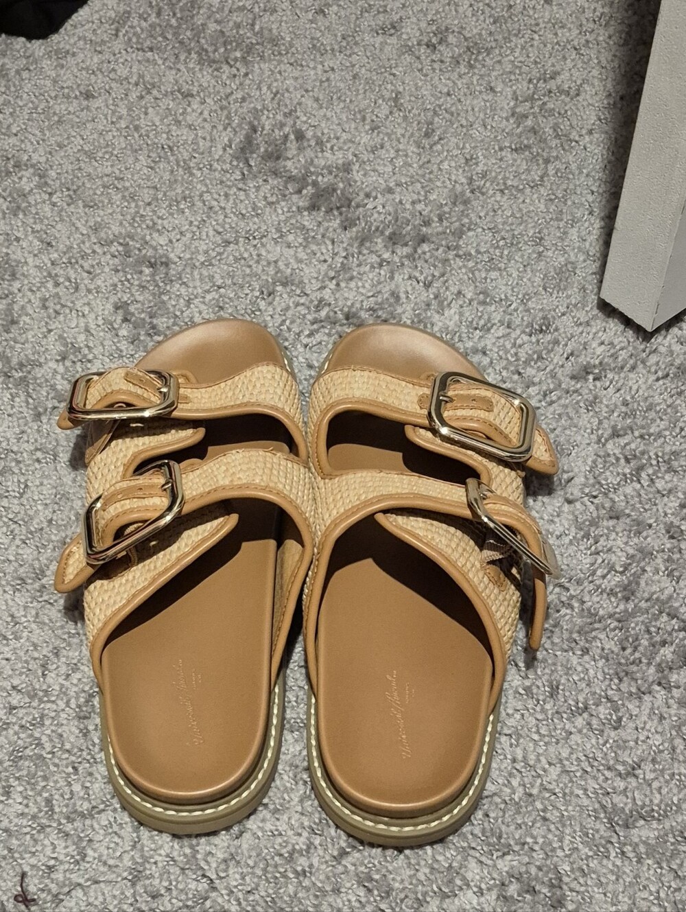 Women’s Tan Woven Double-Buckle Slide Sandals